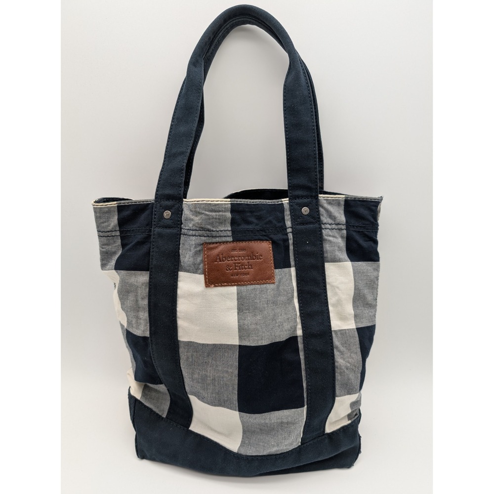 Abercrombie & Fitch Navy Buffalo Plaid Canvas Tote Bag Leather Logo Patch